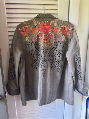Johnny Was Olive Green Utility Jacket with Pink and Orange Embroidery